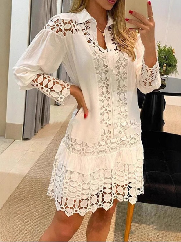 Elegant White Lace Dress for Women - Long Sleeve, Ruffled Hem, Eyelet Detailing, Perfect for Spring/Summer/Fall, Casual to Formal Wear, Polyester, Machine Washable
