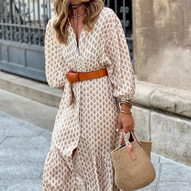 Fashion Print V-Neck Simple Temperament Long Dress