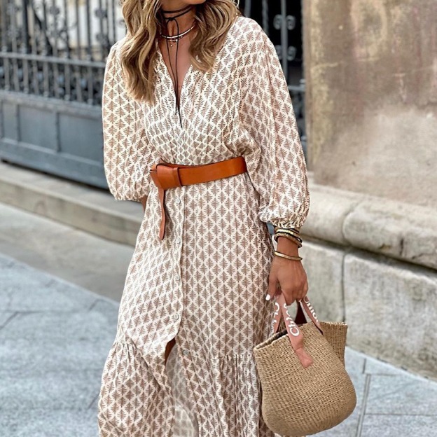 Fashion Print V-Neck Simple Temperament Long Dress
