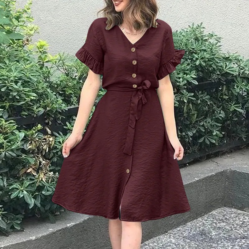 V-neck tie button cardigan solid color short sleeve dress