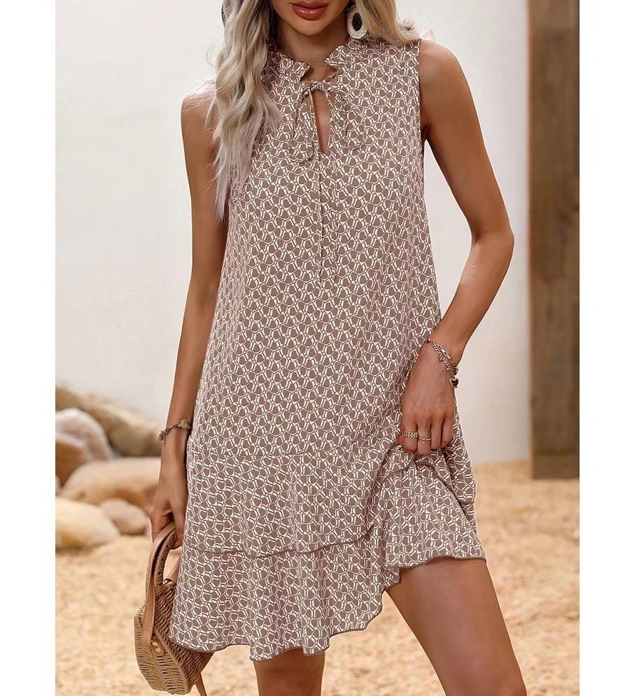 Bohemian Print V-Neck Tie Sleeveless Dress
