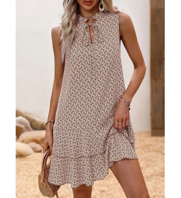 Bohemian Print V-Neck Tie Sleeveless Dress