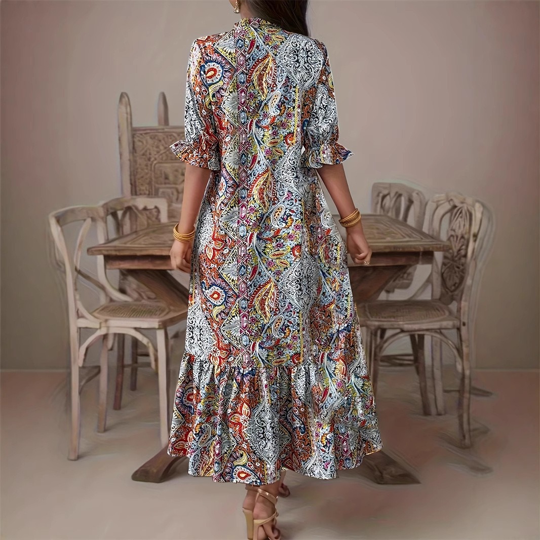 Comfortable and casual printed V-neck ruffle dress for women
