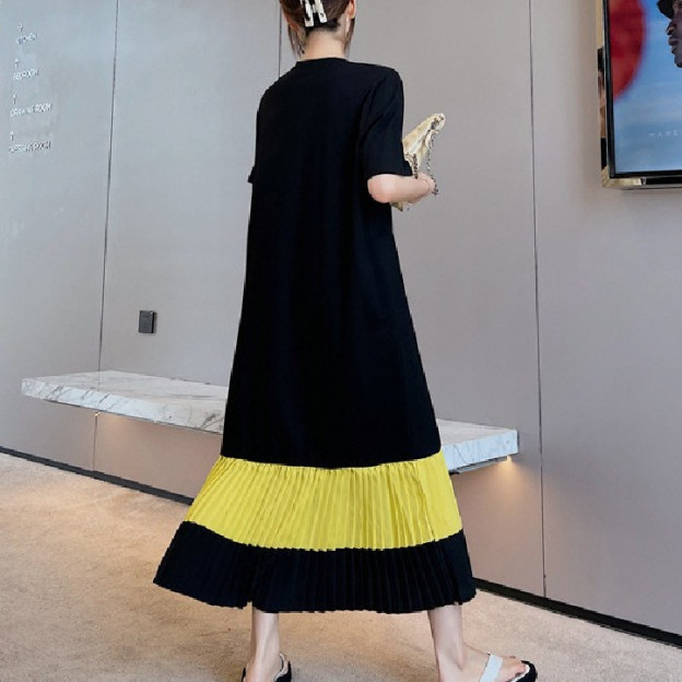 Spliced ​​knee-length dress short-sleeved T-shirt dress