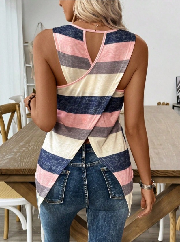 Summer Stripe Print Sleeveless Cross Back Casual Vest Women's T-Shirt