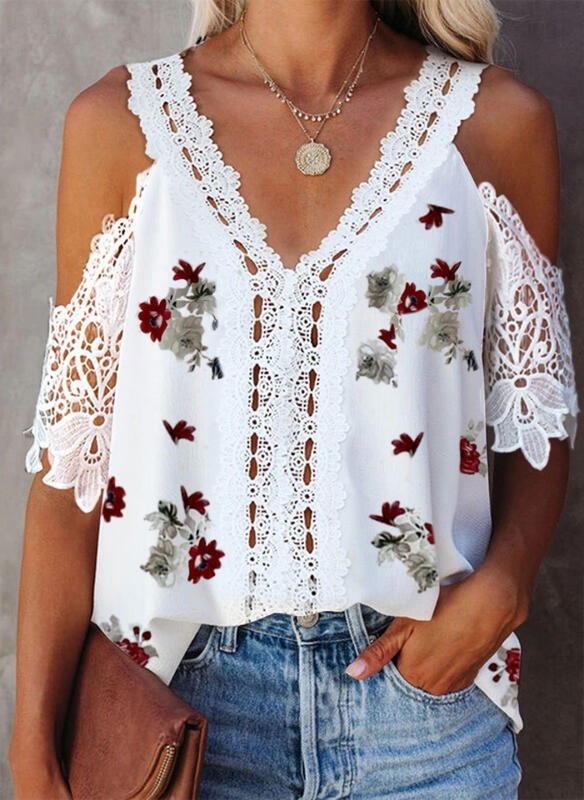 Plus Size Women's Elegant Off-Shoulder V-Neck Lace Trim Blouse