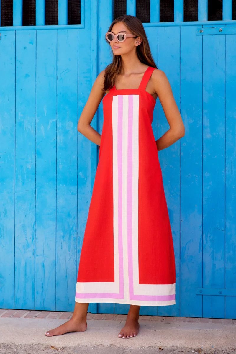 Beach holiday style suspender dressLong red