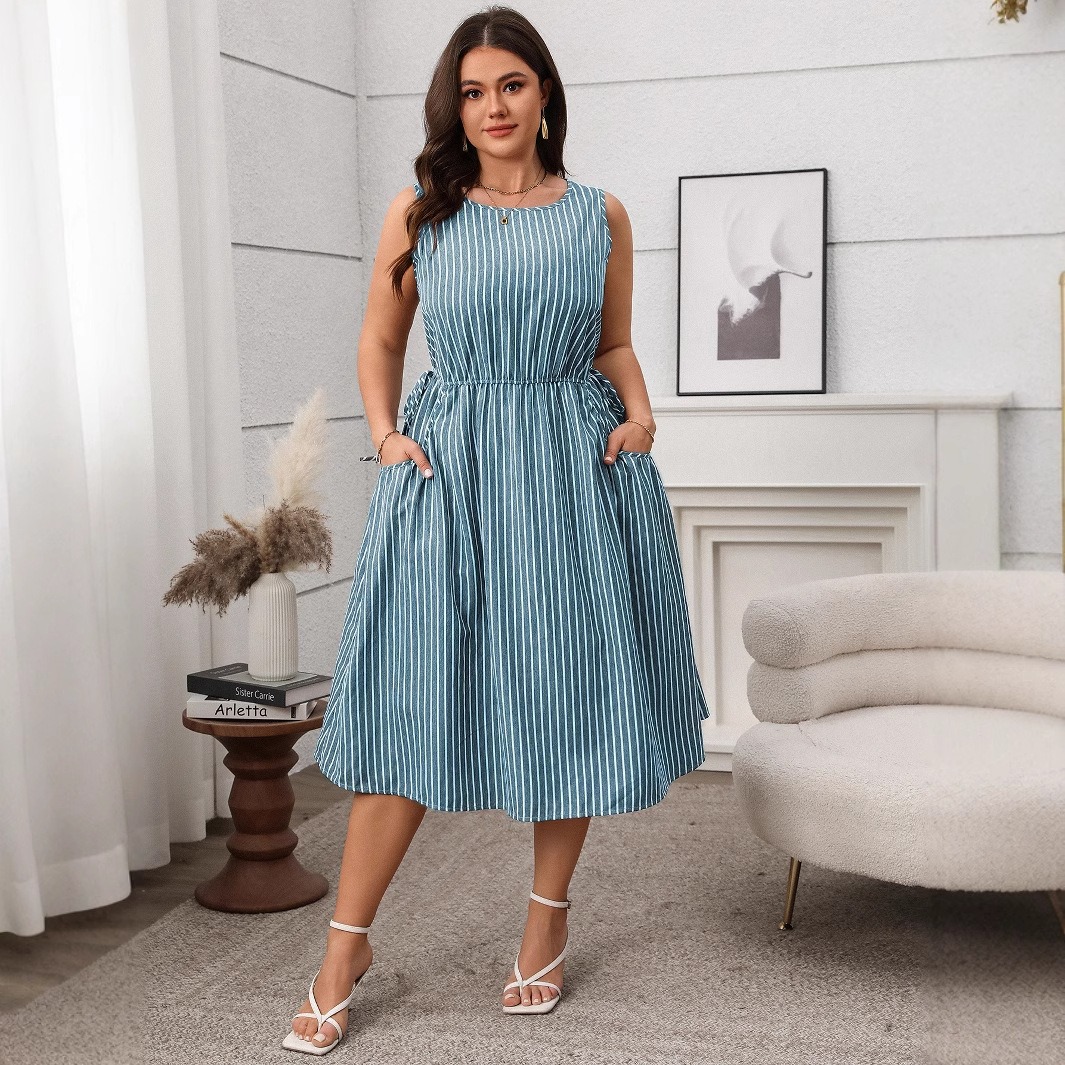 2025 Spring and Summer Casual Contrast Striped Sleeveless Pocket Fashion Dress