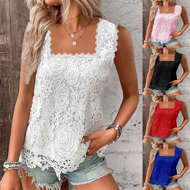 [Elegant Lace Top] Elegant Floral Lace Crew Neck Tank Top, Sleeveless Solid Scallop Trim Top For Spring & Summer, Women's Clothing