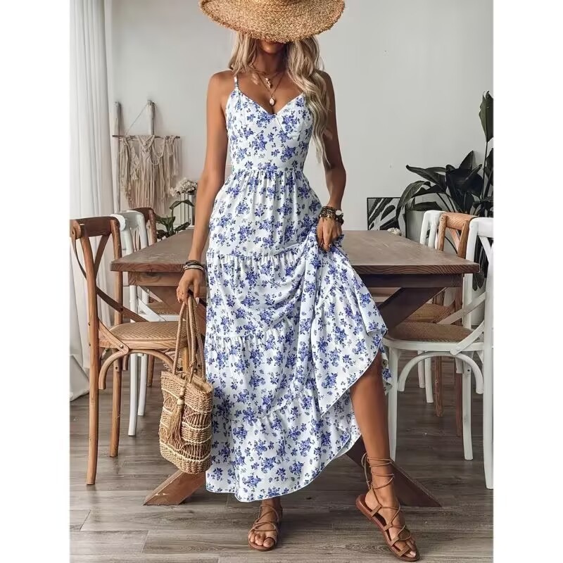 Floral Print Sexy Halter Backless Bow Tie Dress