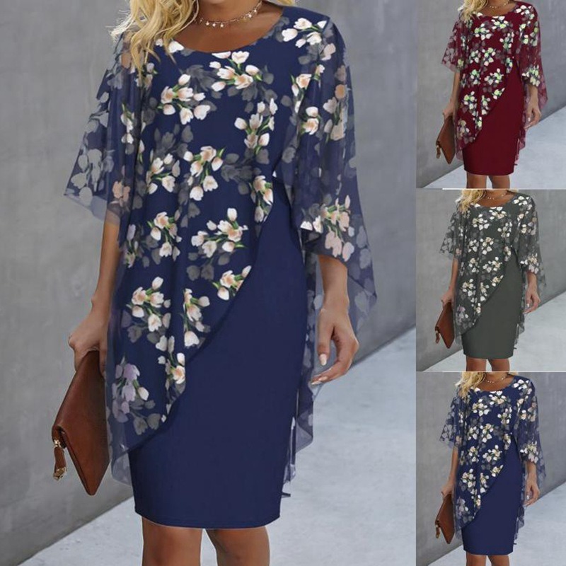 Irregular Printed Two-Piece Round Neck Mid-Sleeve Dress