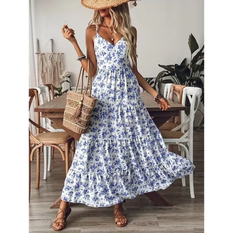 Floral Print Sexy Halter Backless Bow Tie Dress