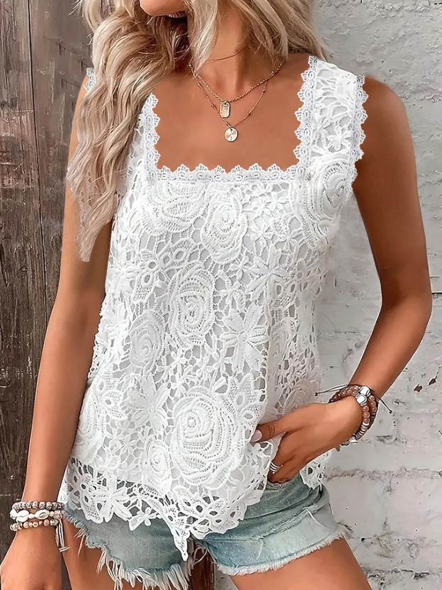[Elegant Lace Top] Elegant Floral Lace Crew Neck Tank Top, Sleeveless Solid Scallop Trim Top For Spring & Summer, Women's Clothing