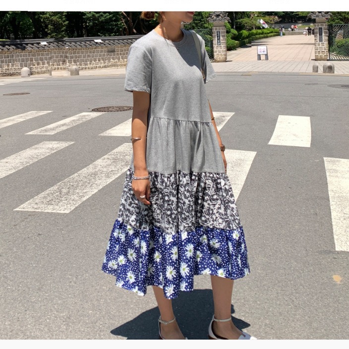 Casual stitching leopard print loose round neck short sleeve T-shirt f