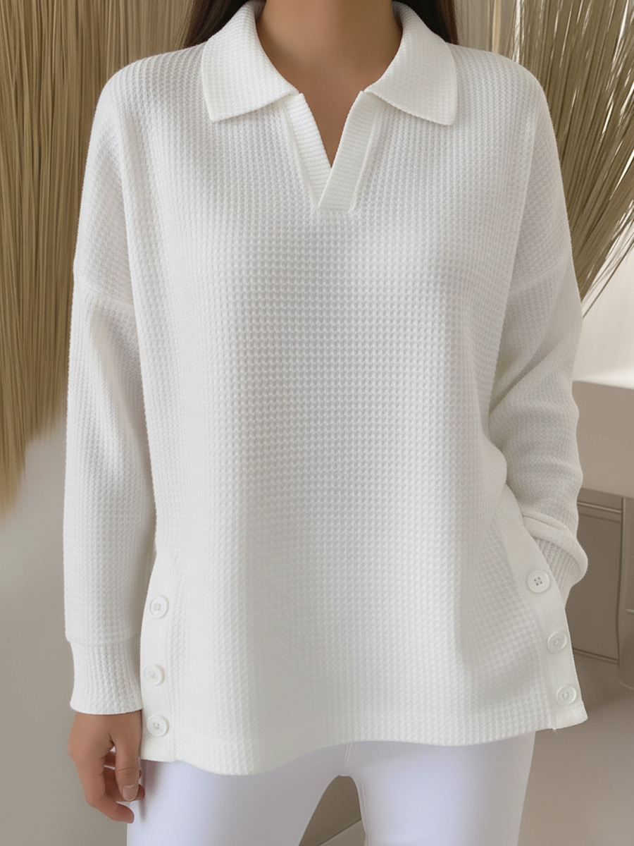 Casual Polo Neck Side Slit Button Waffle Pullover Top