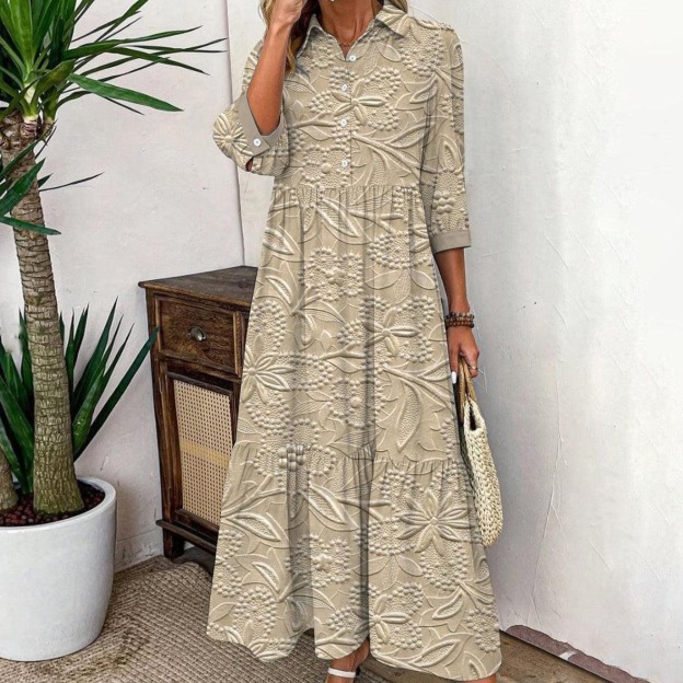 Fresh 3/4 Sleeve Collared Maxi Dress