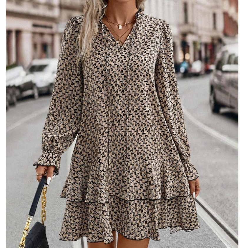 Bohemian hot-selling printed V-neck lace-up long-sleeved dress