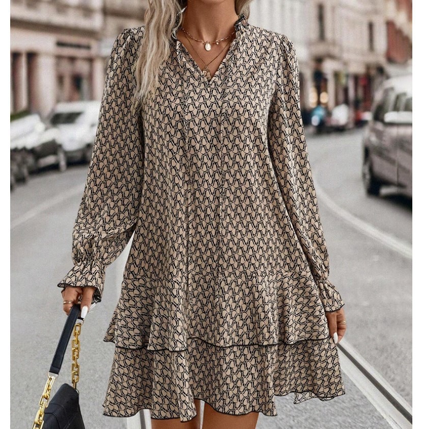 Bohemian hot-selling printed V-neck lace-up long-sleeved dress