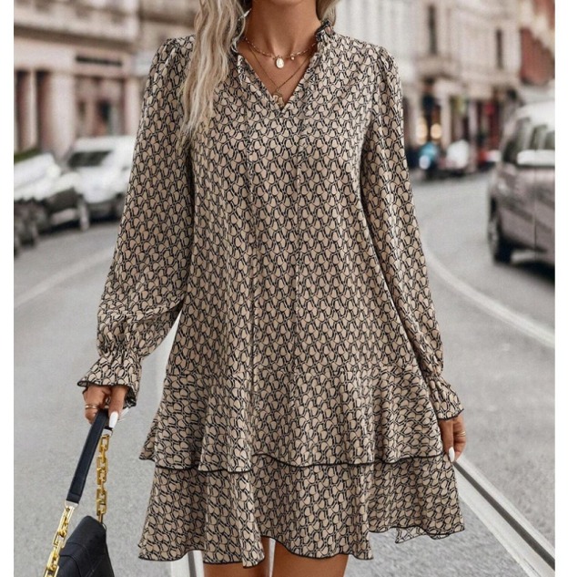 Bohemian hot-selling printed V-neck lace-up long-sleeved dress