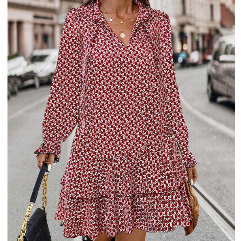 Bohemian hot-selling printed V-neck lace-up long-sleeved dress