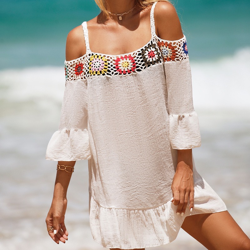 Hand Crochet Lace Casual Solid Color Sun Protection Beach Dress