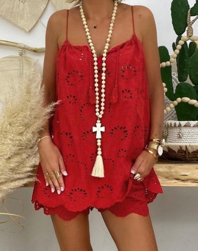 Sleeveless Drawstring Ruffled Hollow Camisole Embroidered Shorts Set