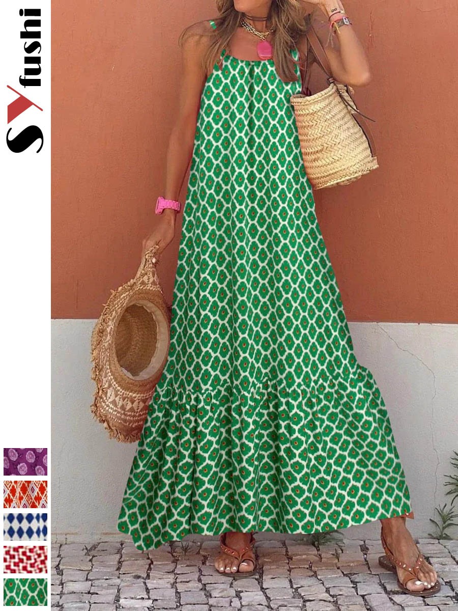 Bohemian holiday style V-neck loose dress