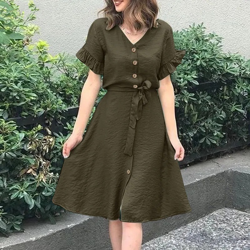 V-neck tie button cardigan solid color short sleeve dress