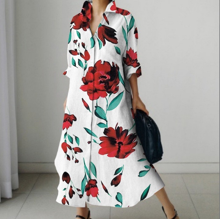 Plus Size 3d print shirt collar midi skirt