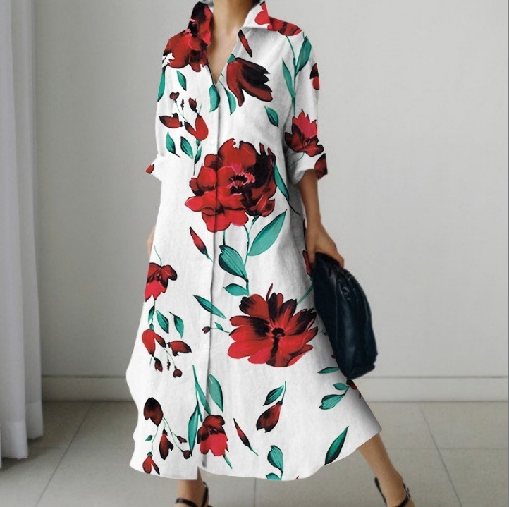 Plus Size 3d print shirt collar midi skirt