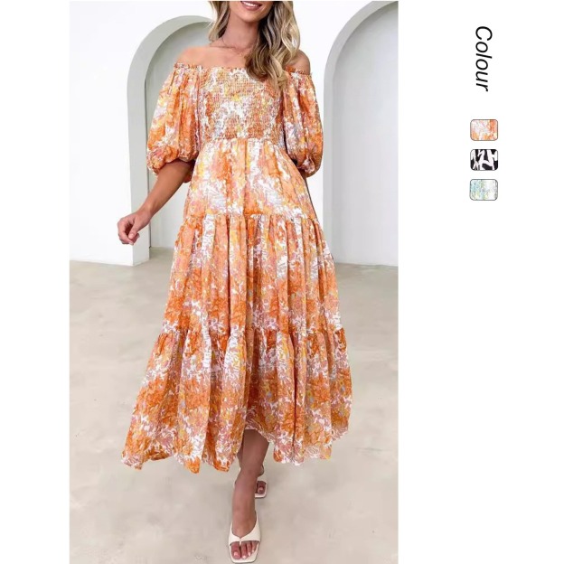 Holiday Style Puff Sleeve Printed French Cake Dress