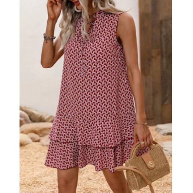 Bohemian Print V-Neck Tie Sleeveless Dress