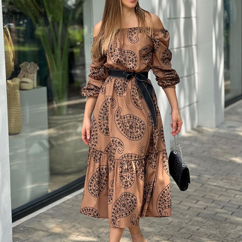 Off-shoulder long-sleeved mid-length printed dress