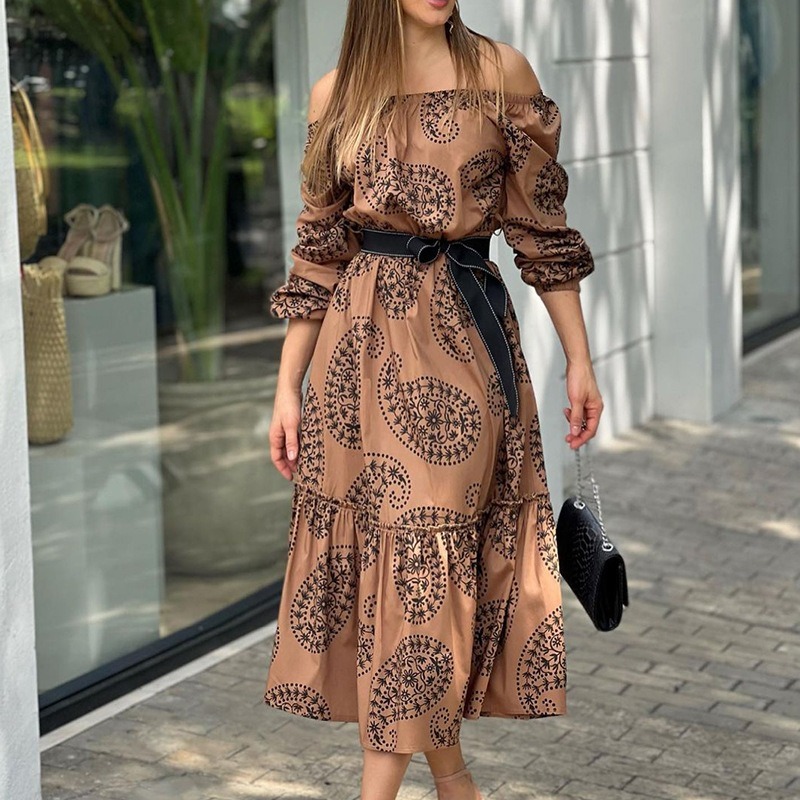 Off-shoulder long-sleeved mid-length printed dress