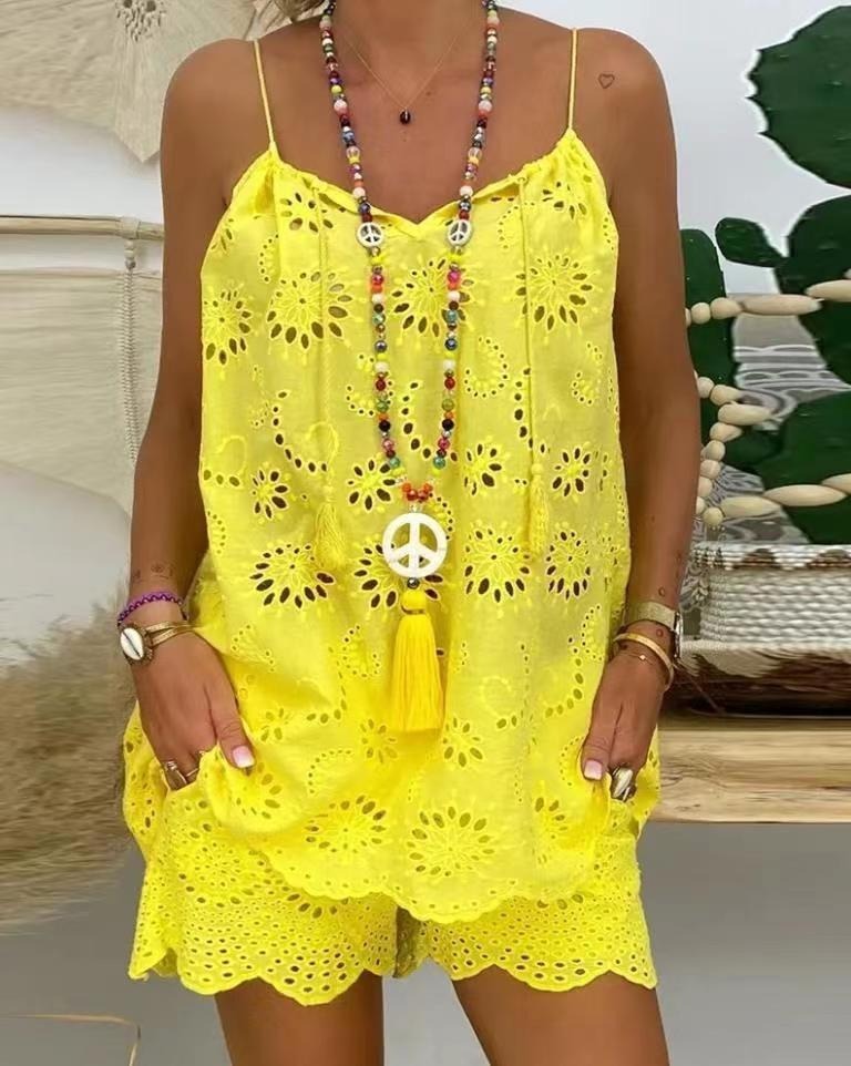 Sleeveless Drawstring Ruffled Hollow Camisole Embroidered Shorts Set