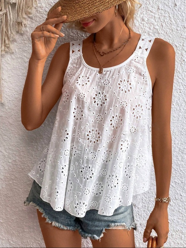 Round Neck Loose Sleeveless Embroidered Vest Top