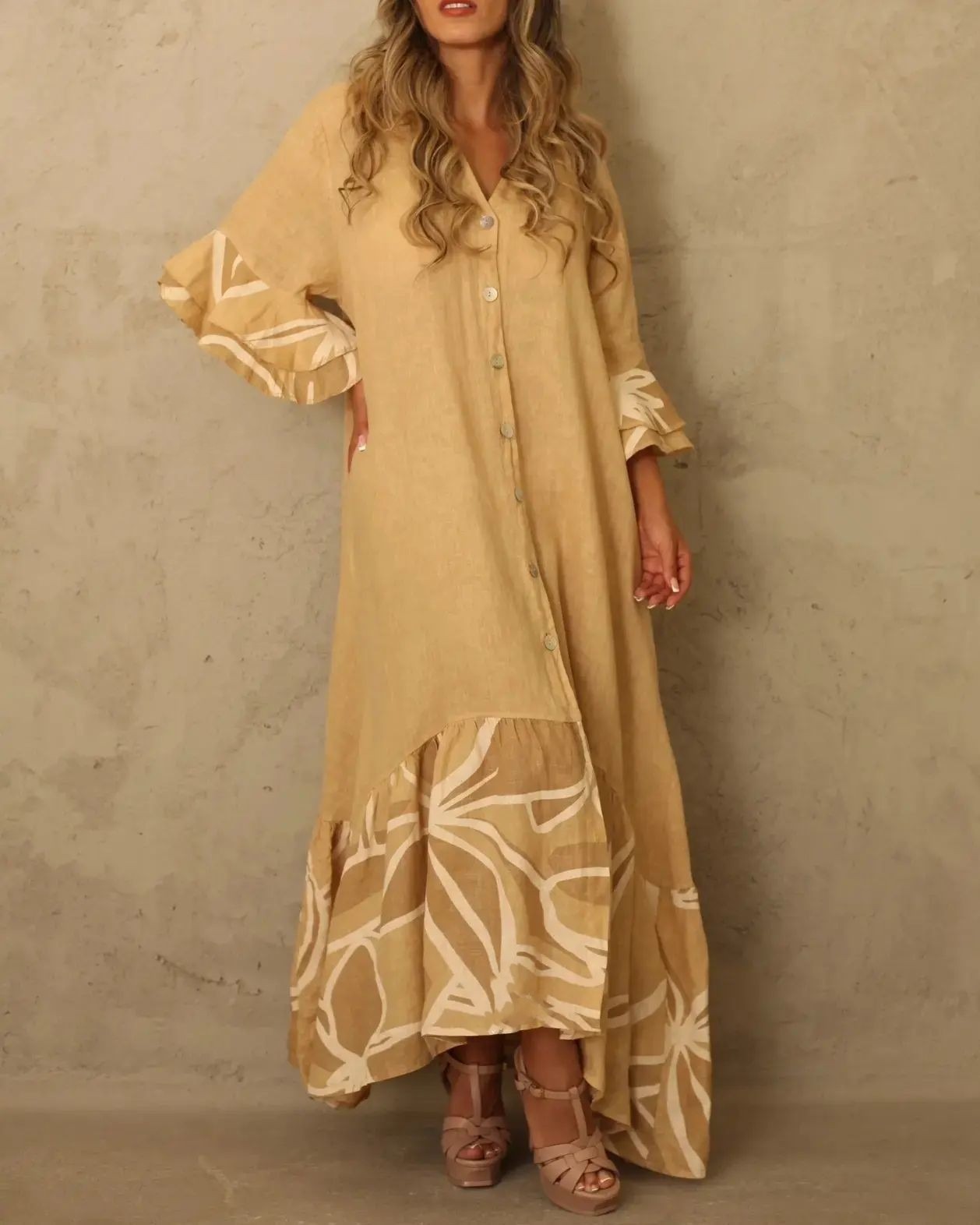 Printed patchwork 3/4 sleeve ruffled long shirt dress