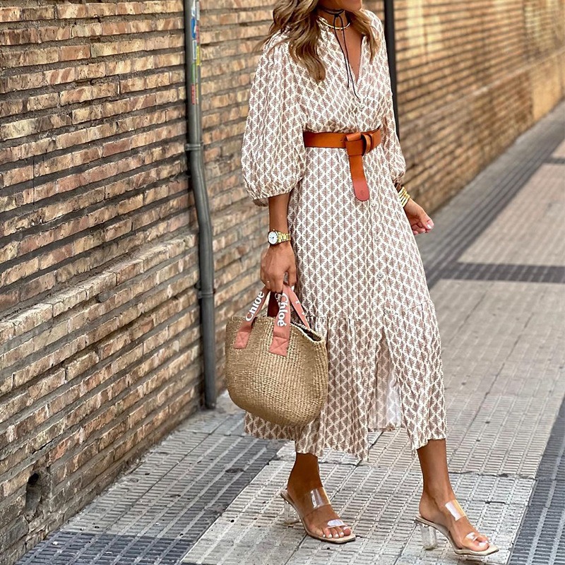 Fashion Print V-Neck Simple Temperament Long Dress