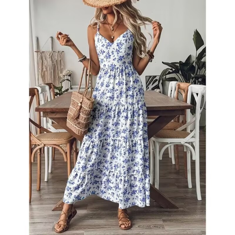 Floral Print Sexy Halter Backless Bow Tie Dress