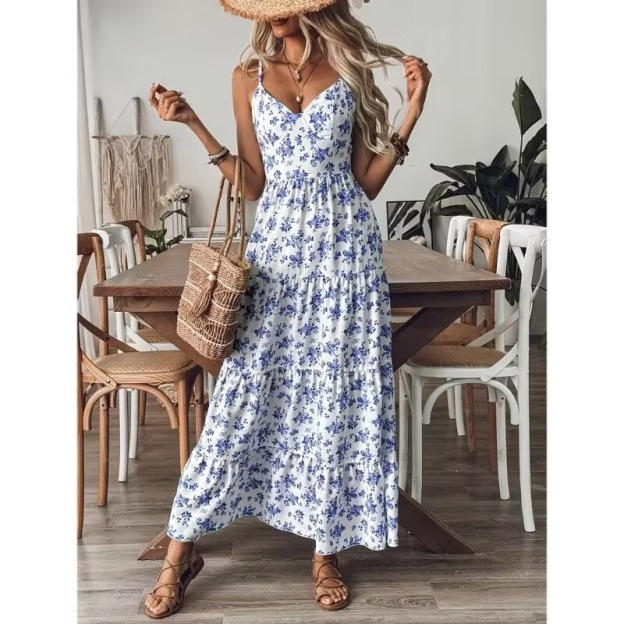 Floral Print Sexy Halter Backless Bow Tie Dress