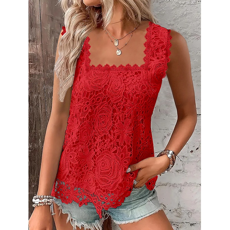 [Holiday Cheer] Women's Elegant White Lace V-Neck Tank Top - Intricate