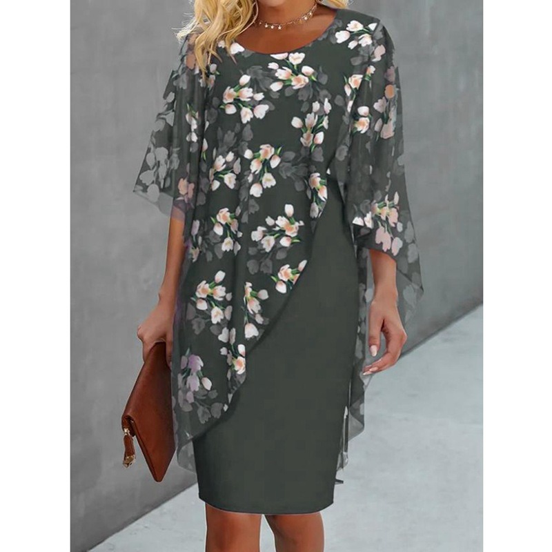 Irregular Printed Two-Piece Round Neck Mid-Sleeve Dress