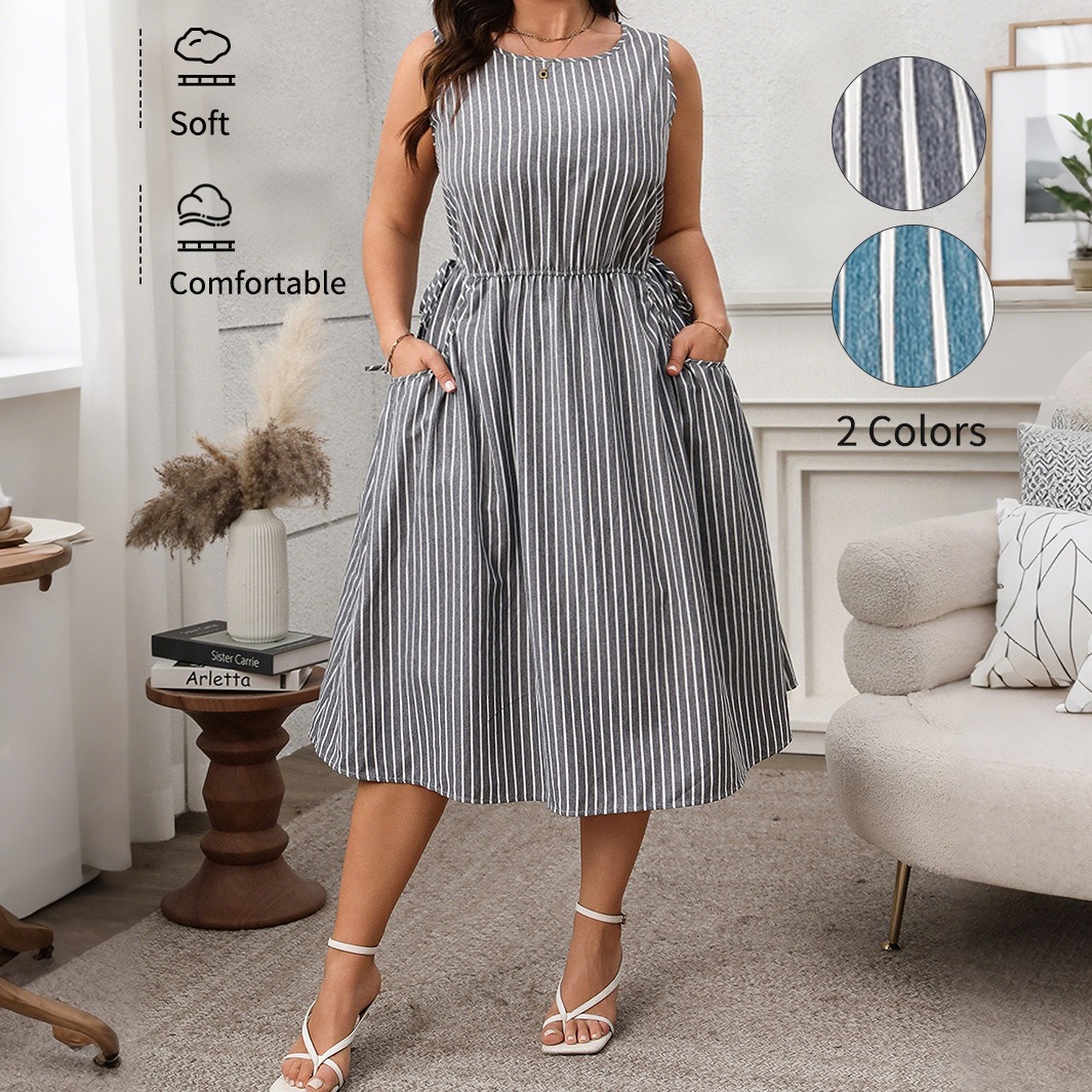 2025 Spring and Summer Casual Contrast Striped Sleeveless Pocket Fashion Dress