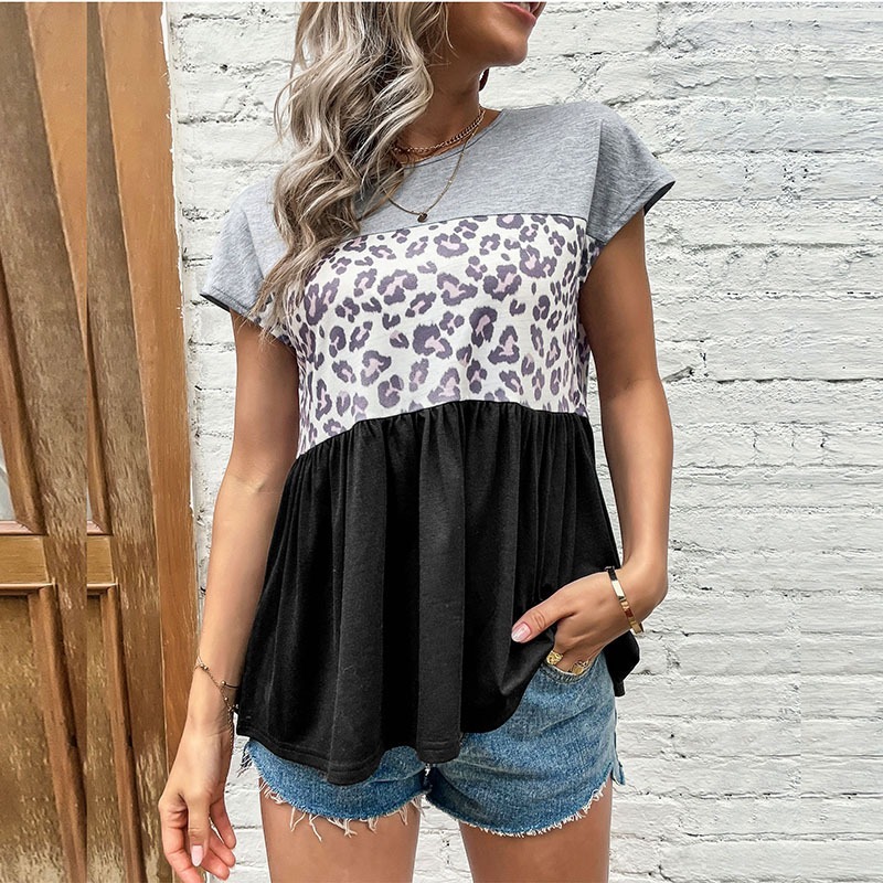 Casual stitching leopard print loose round neck short sleeve T-shirt for women