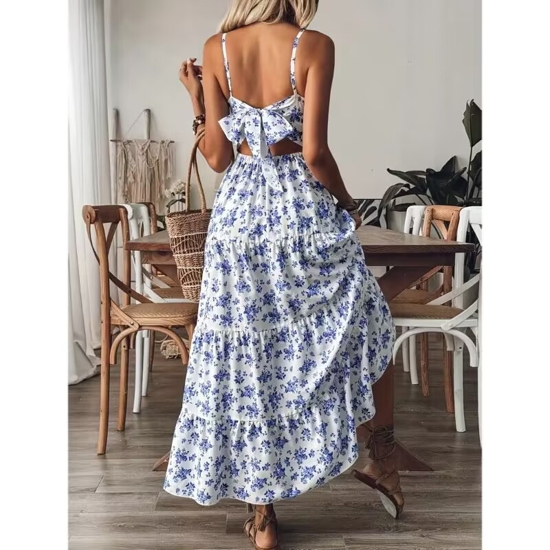 Floral Print Sexy Halter Backless Bow Tie Dress