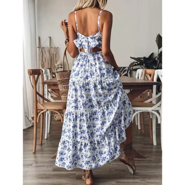 Floral Print Sexy Halter Backless Bow Tie Dress