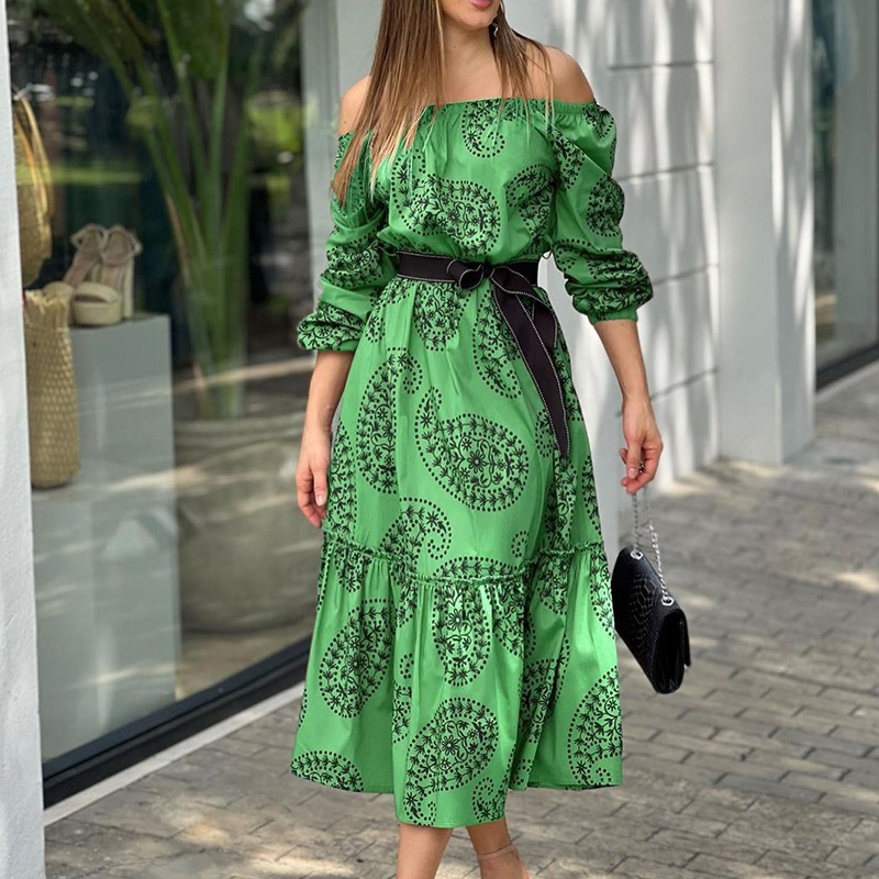 Off-shoulder long-sleeved mid-length printed dress