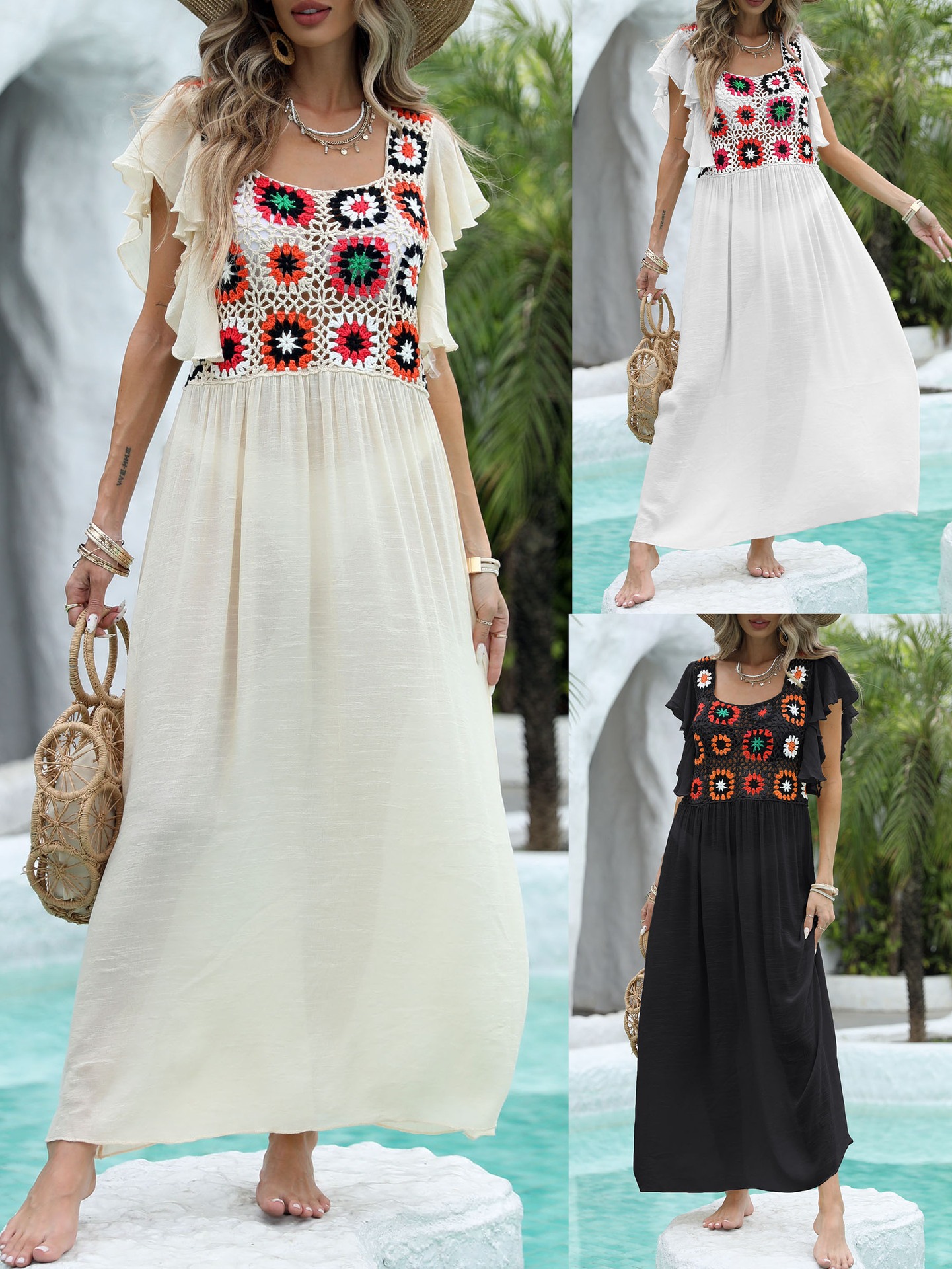 Hand-crocheted flower patchwork ruffled maxi beach dress