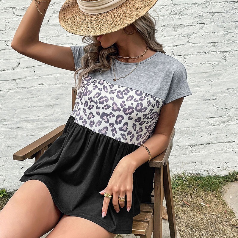 Casual stitching leopard print loose round neck short sleeve T-shirt for women