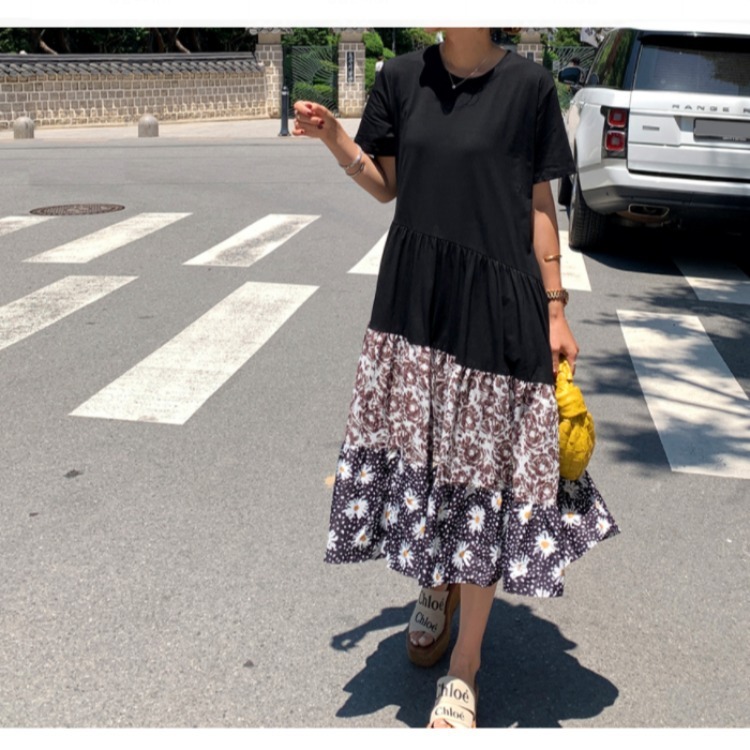 Casual stitching leopard print loose round neck short sleeve T-shirt f